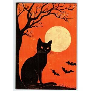 Vintage Halloween Black Cat & Bats Postcard with Full Moon Orange Chrome